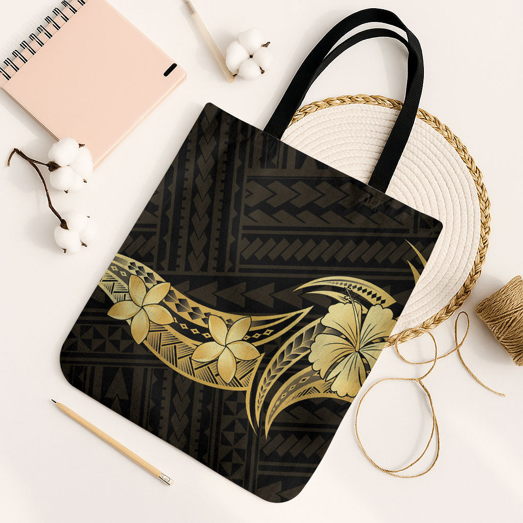 Gold Black Polynesia Hibiscus Plumeria Tattoo Tote Bag LT14 Black Strap One Size Black - Polynesian Pride