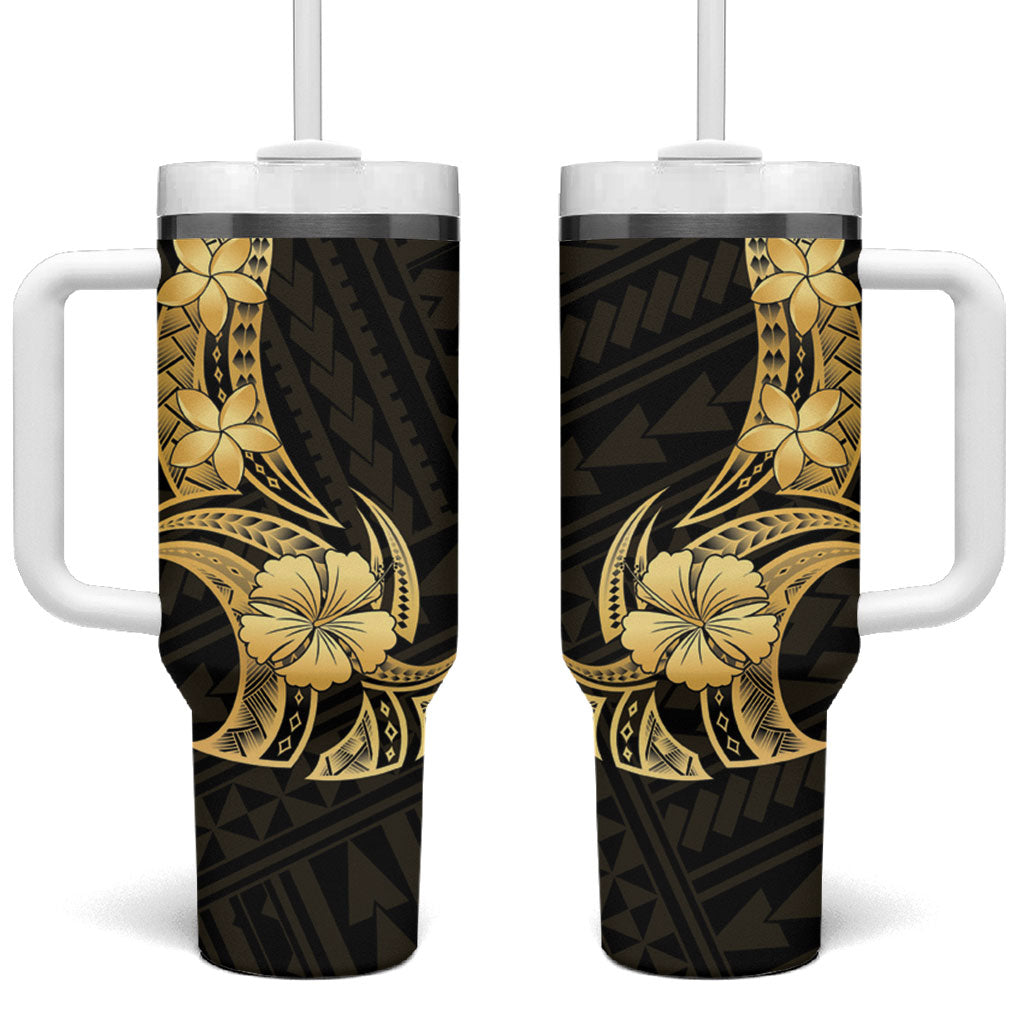 Gold Black Polynesia Hibiscus Plumeria Tattoo Tumbler With Handle LT14 One Size: 40 oz Black - Polynesian Pride