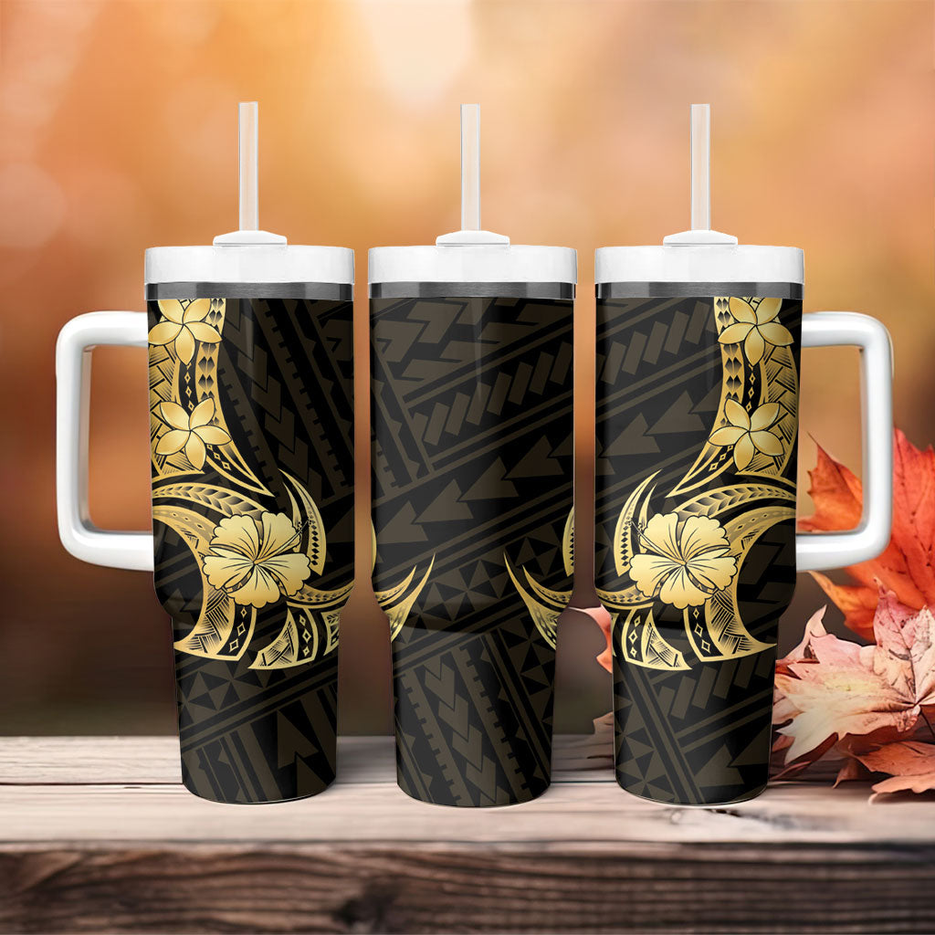 Gold Black Polynesia Hibiscus Plumeria Tattoo Tumbler With Handle LT14 - Polynesian Pride