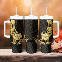 Gold Black Polynesia Hibiscus Plumeria Tattoo Tumbler With Handle LT14 - Polynesian Pride