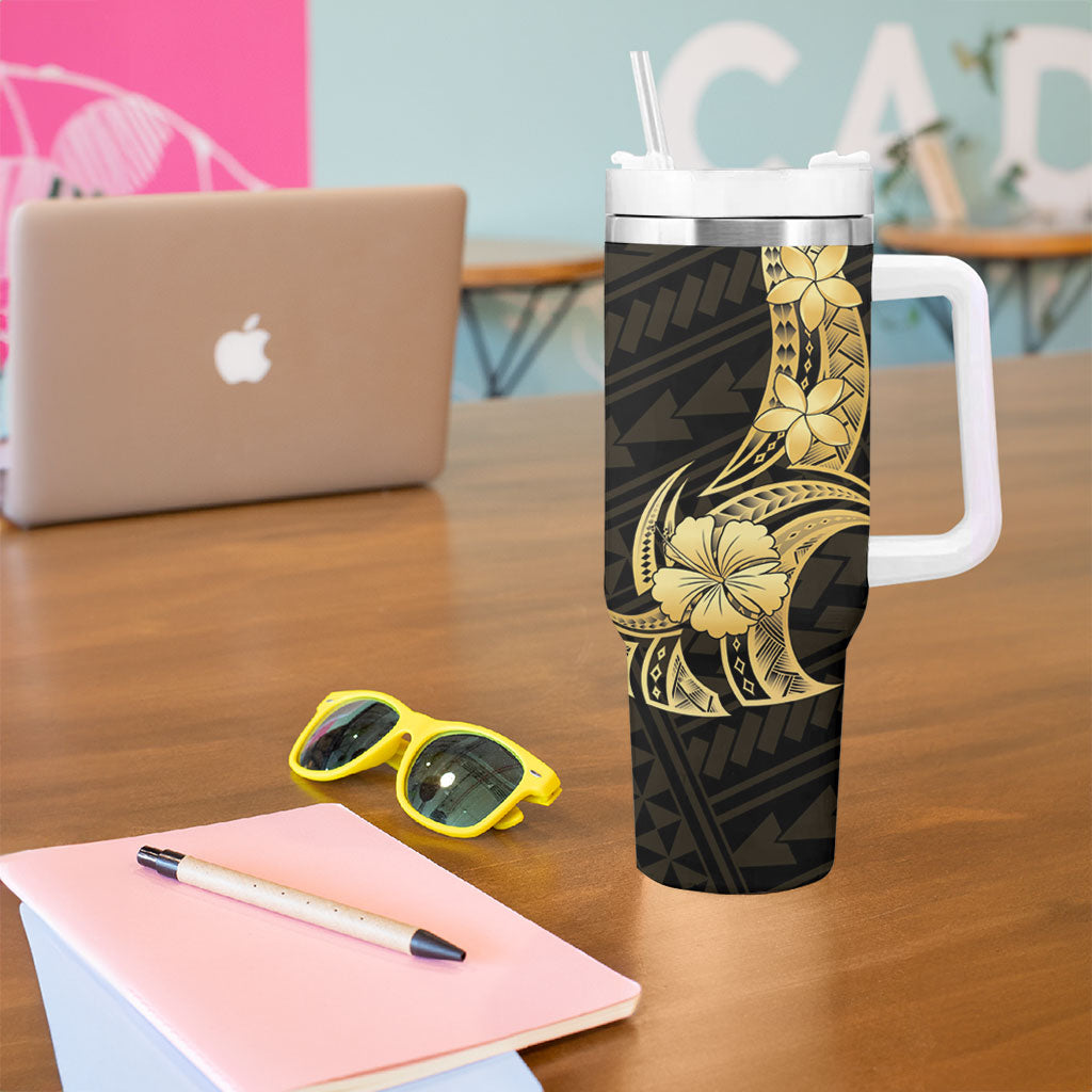 Gold Black Polynesia Hibiscus Plumeria Tattoo Tumbler With Handle LT14 - Polynesian Pride