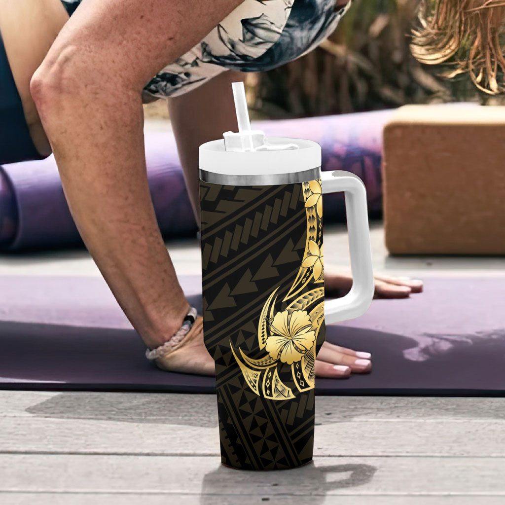 Gold Black Polynesia Hibiscus Plumeria Tattoo Tumbler With Handle LT14 - Polynesian Pride