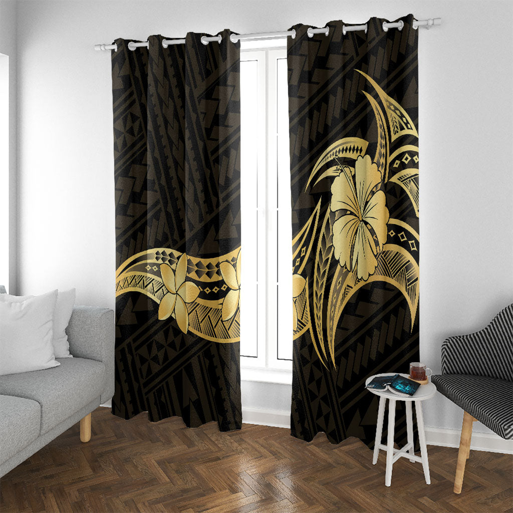 Gold Black Polynesia Hibiscus Plumeria Tattoo Window Curtain