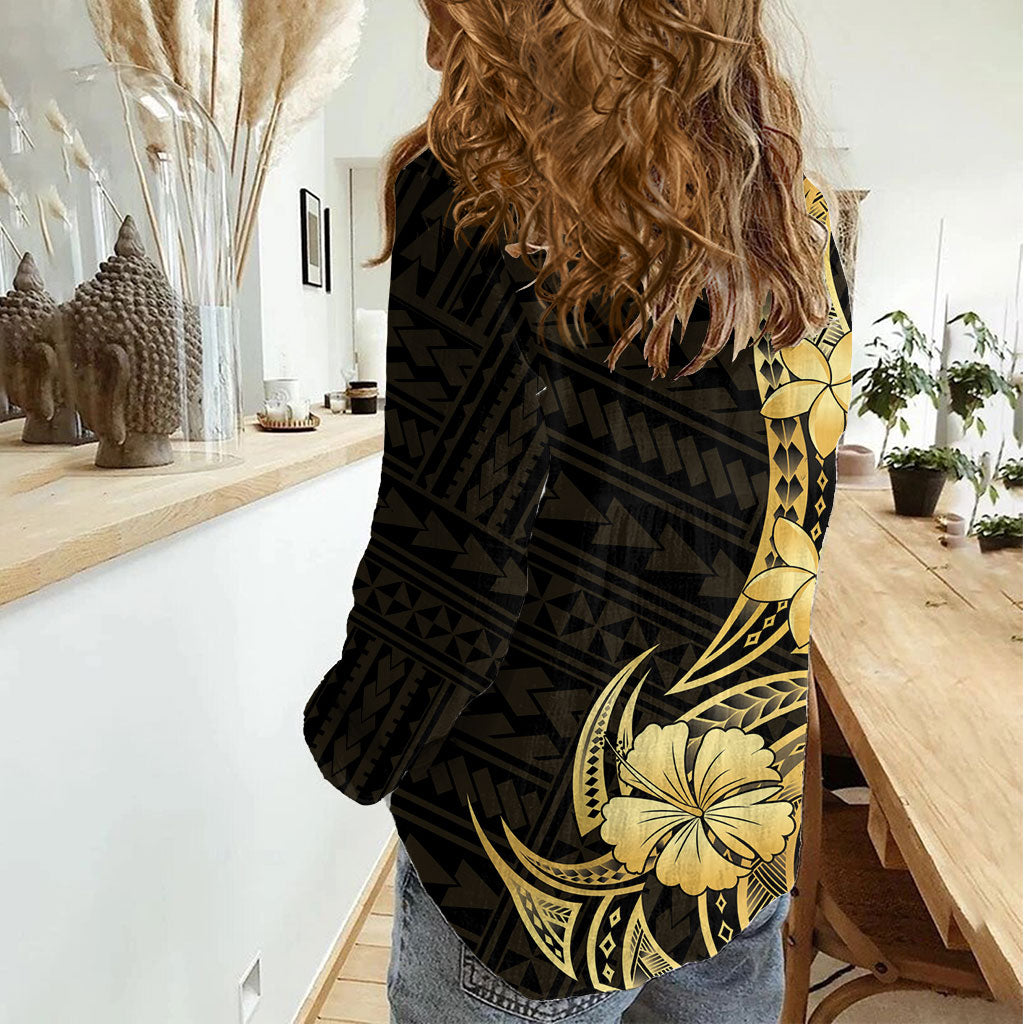 Gold Black Polynesia Hibiscus Plumeria Tattoo Women Casual Shirt LT14 - Polynesian Pride