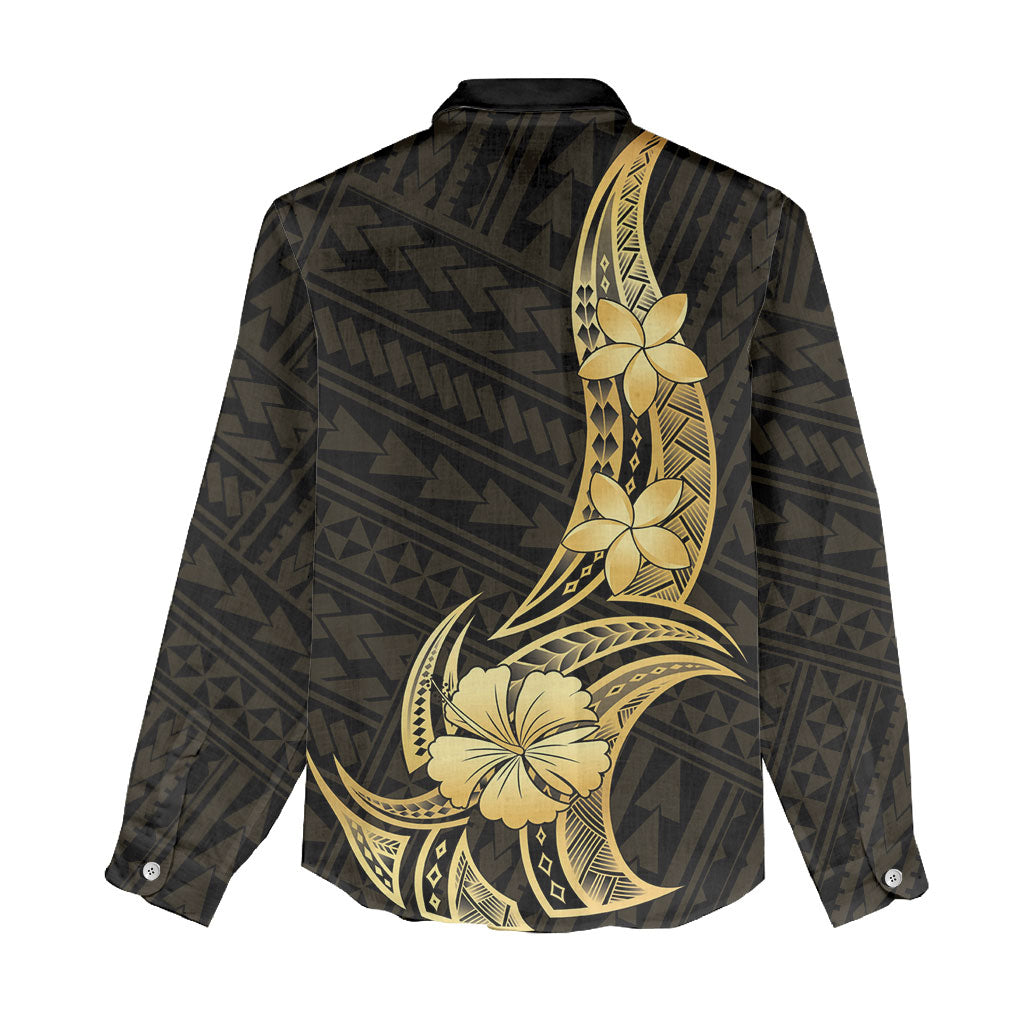 Gold Black Polynesia Hibiscus Plumeria Tattoo Women Casual Shirt LT14 - Polynesian Pride