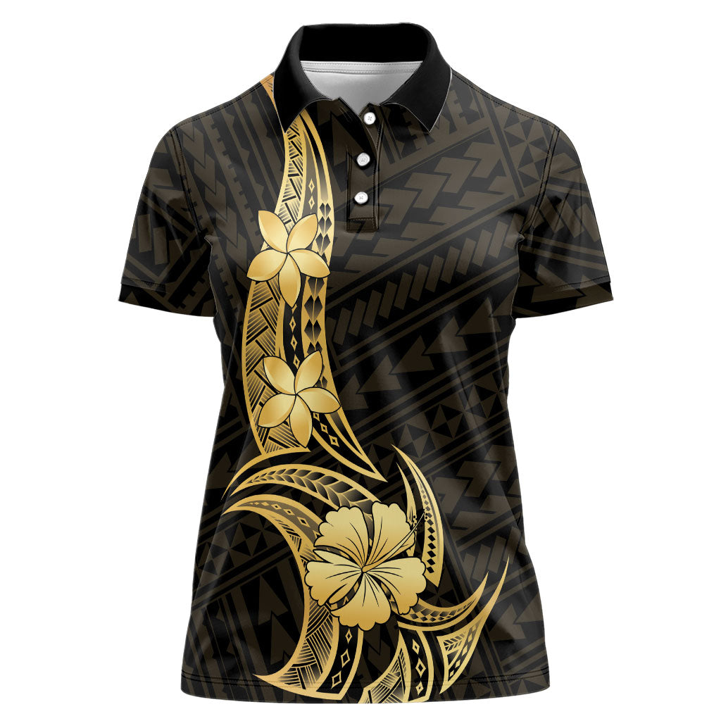 Gold Black Polynesia Hibiscus Plumeria Tattoo Women Polo Shirt LT14 Female Black - Polynesian Pride