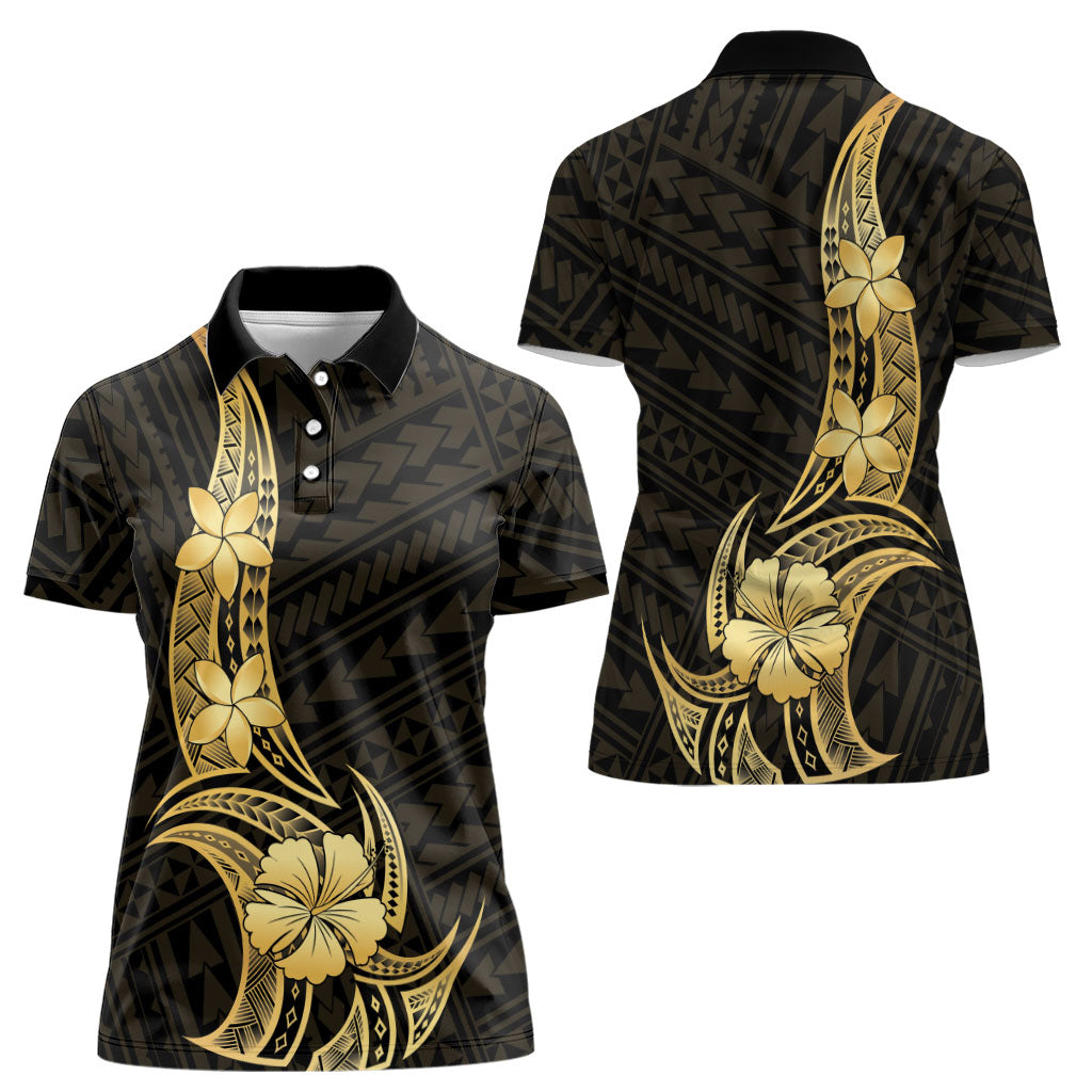 Gold Black Polynesia Hibiscus Plumeria Tattoo Women Polo Shirt LT14 - Polynesian Pride