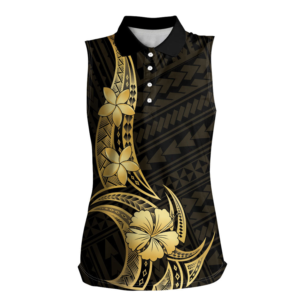 Gold Black Polynesia Hibiscus Plumeria Tattoo Women Sleeveless Polo Shirt LT14 Female Black - Polynesian Pride