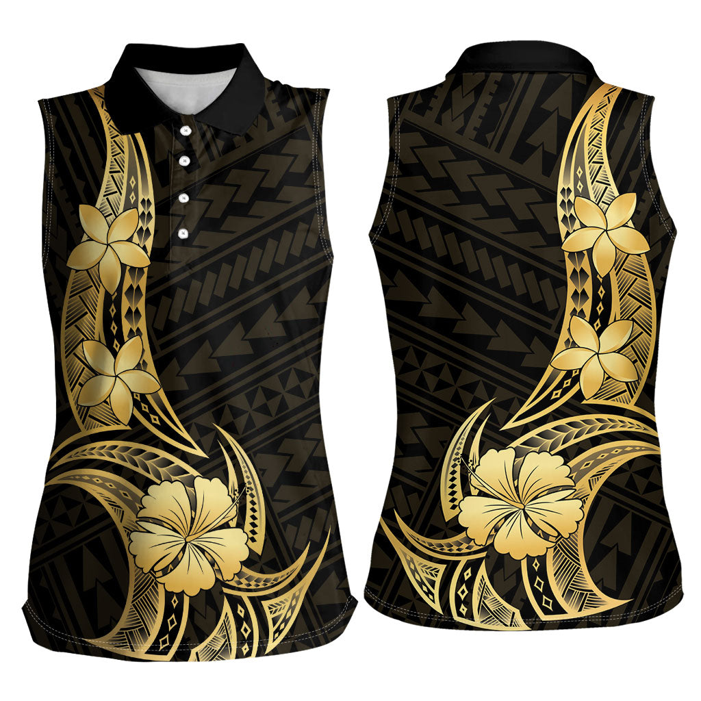 Gold Black Polynesia Hibiscus Plumeria Tattoo Women Sleeveless Polo Shirt LT14 - Polynesian Pride