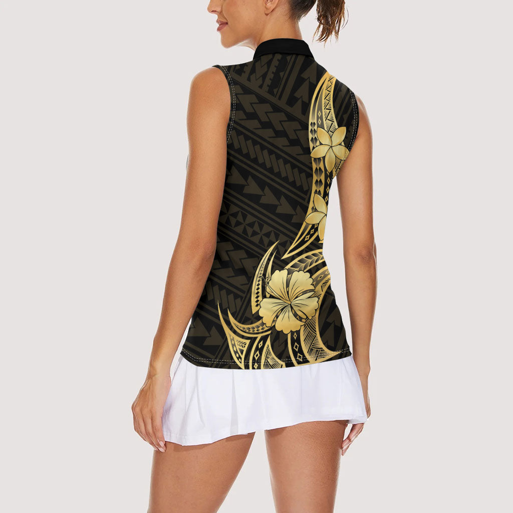 Gold Black Polynesia Hibiscus Plumeria Tattoo Women Sleeveless Polo Shirt LT14 - Polynesian Pride