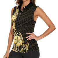 Gold Black Polynesia Hibiscus Plumeria Tattoo Women Sleeveless Polo Shirt LT14 - Polynesian Pride