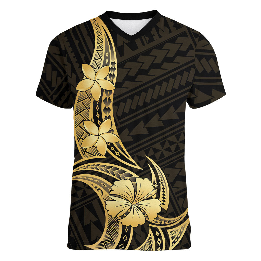 Gold Black Polynesia Hibiscus Plumeria Tattoo Women V-Neck T-Shirt LT14 Female Black - Polynesian Pride