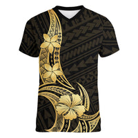 Gold Black Polynesia Hibiscus Plumeria Tattoo Women V-Neck T-Shirt LT14 Female Black - Polynesian Pride