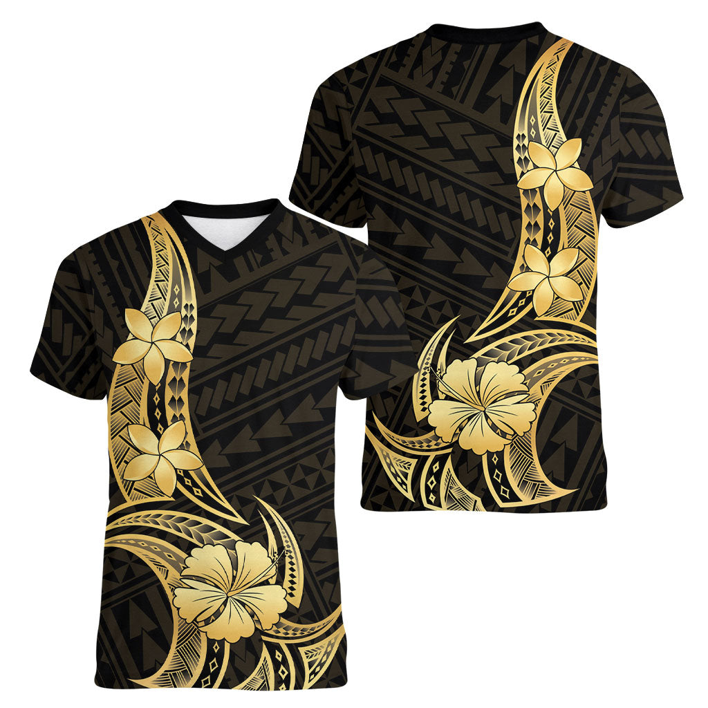 Gold Black Polynesia Hibiscus Plumeria Tattoo Women V-Neck T-Shirt LT14 - Polynesian Pride
