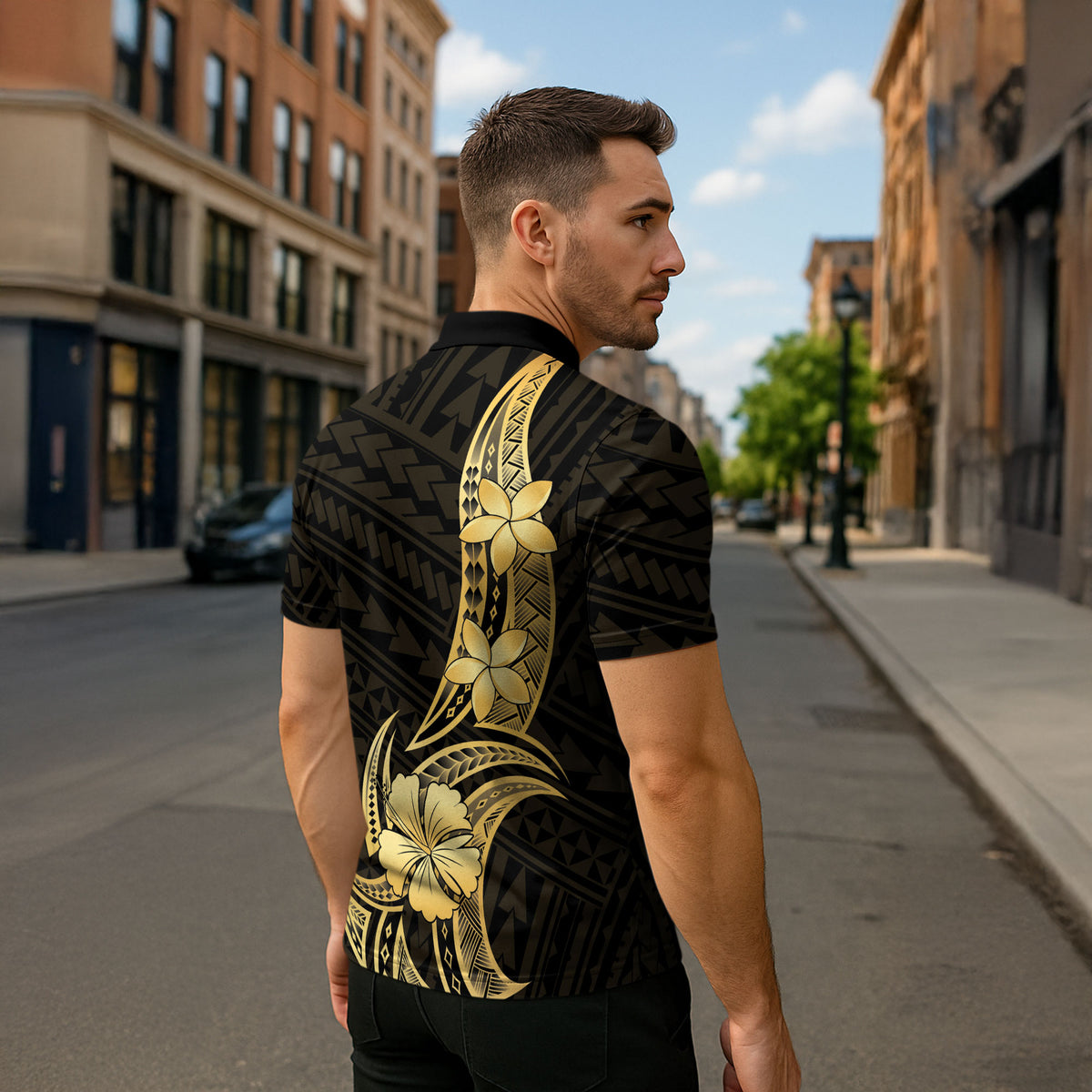 Gold Black Polynesia Hibiscus Plumeria Tattoo Zipper Polo Shirt LT14 - Polynesian Pride