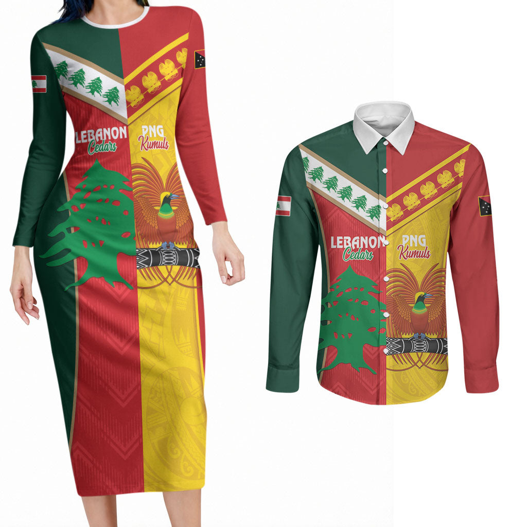 Custom Rugby Papua New Guinea and Lebanon Couples Matching Long Sleeve Bodycon Dress and Long Sleeve Button Shirt PNG Kumuls Cedars Together LT14 Multicolor - Polynesian Pride
