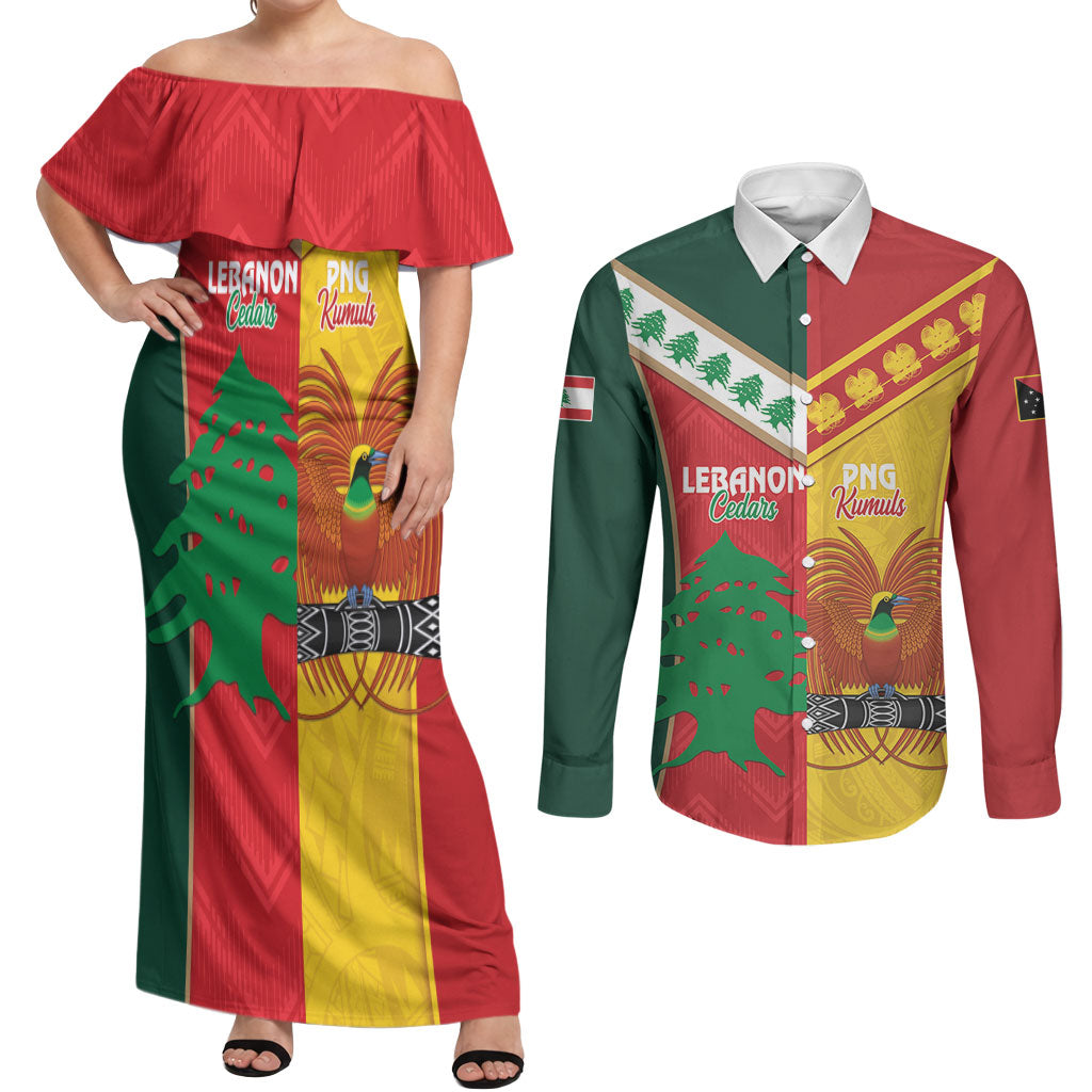 Custom Rugby Papua New Guinea and Lebanon Couples Matching Off Shoulder Maxi Dress and Long Sleeve Button Shirt PNG Kumuls Cedars Together LT14 Multicolor - Polynesian Pride