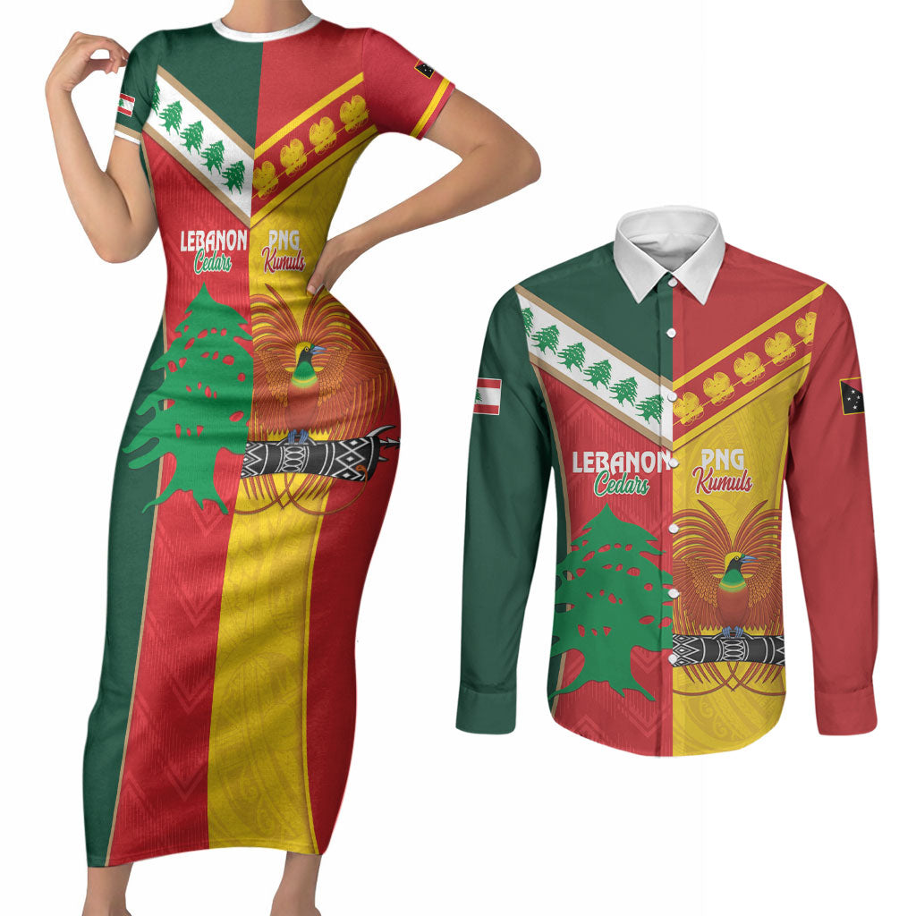 Custom Rugby Papua New Guinea and Lebanon Couples Matching Short Sleeve Bodycon Dress and Long Sleeve Button Shirt PNG Kumuls Cedars Together LT14 Multicolor - Polynesian Pride