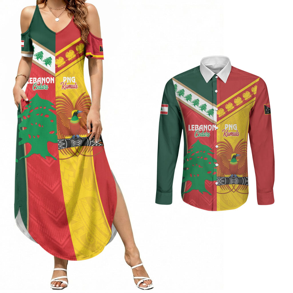 Custom Rugby Papua New Guinea and Lebanon Couples Matching Summer Maxi Dress and Long Sleeve Button Shirt PNG Kumuls Cedars Together LT14 Multicolor - Polynesian Pride