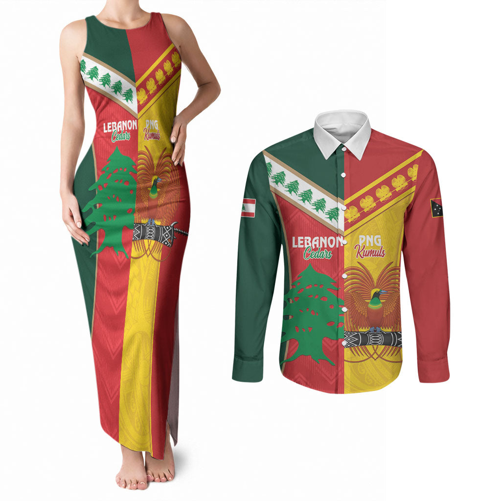 Custom Rugby Papua New Guinea and Lebanon Couples Matching Tank Maxi Dress and Long Sleeve Button Shirt PNG Kumuls Cedars Together LT14 Multicolor - Polynesian Pride