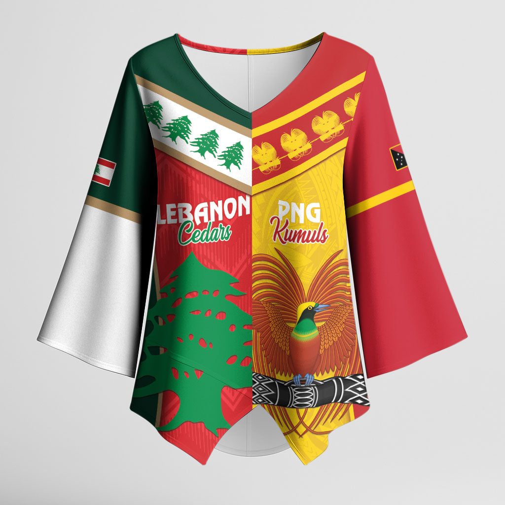 Custom Rugby Papua New Guinea and Lebanon Kimono Sleeve Blouse PNG Kumuls Cedars Together LT14 Female Multicolor - Polynesian Pride
