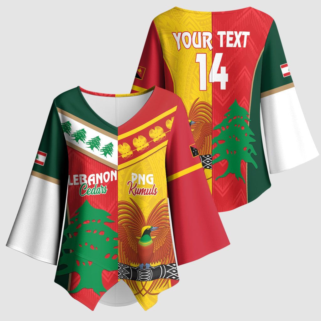 Custom Rugby Papua New Guinea and Lebanon Kimono Sleeve Blouse PNG Kumuls Cedars Together LT14 - Polynesian Pride