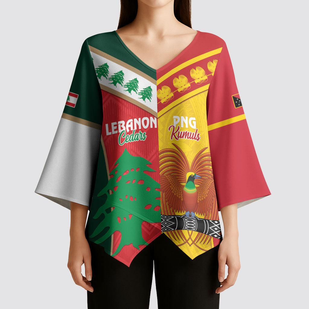 Custom Rugby Papua New Guinea and Lebanon Kimono Sleeve Blouse PNG Kumuls Cedars Together LT14 - Polynesian Pride