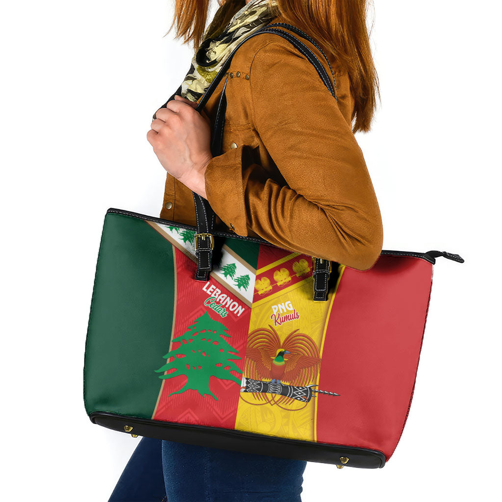 Rugby Papua New Guinea and Lebanon Leather Tote Bag PNG Kumuls Cedars Together LT14 Multicolor - Polynesian Pride