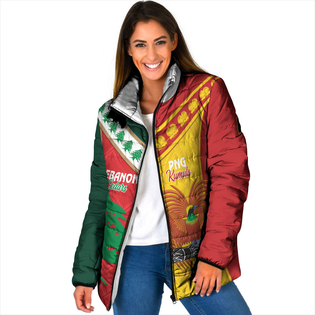 Custom Rugby Papua New Guinea and Lebanon Padded Jacket PNG Kumuls Cedars Together LT14 Women Multicolor - Polynesian Pride