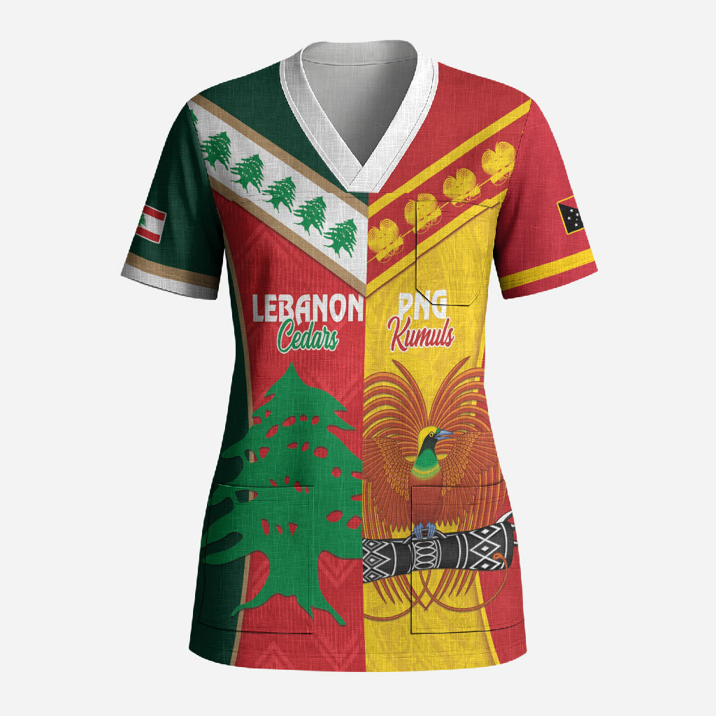 Custom Rugby Papua New Guinea and Lebanon Scrub Top PNG Kumuls Cedars Together LT14 Adult Multicolor - Polynesian Pride