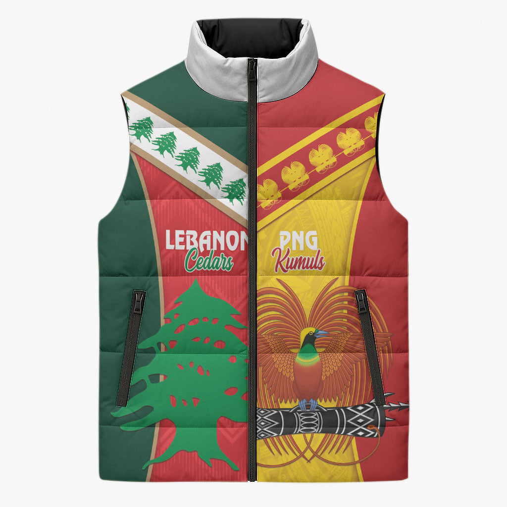 Custom Rugby Papua New Guinea and Lebanon Sleeveless Puffer Jacket PNG Kumuls Cedars Together LT14 Unisex Multicolor - Polynesian Pride