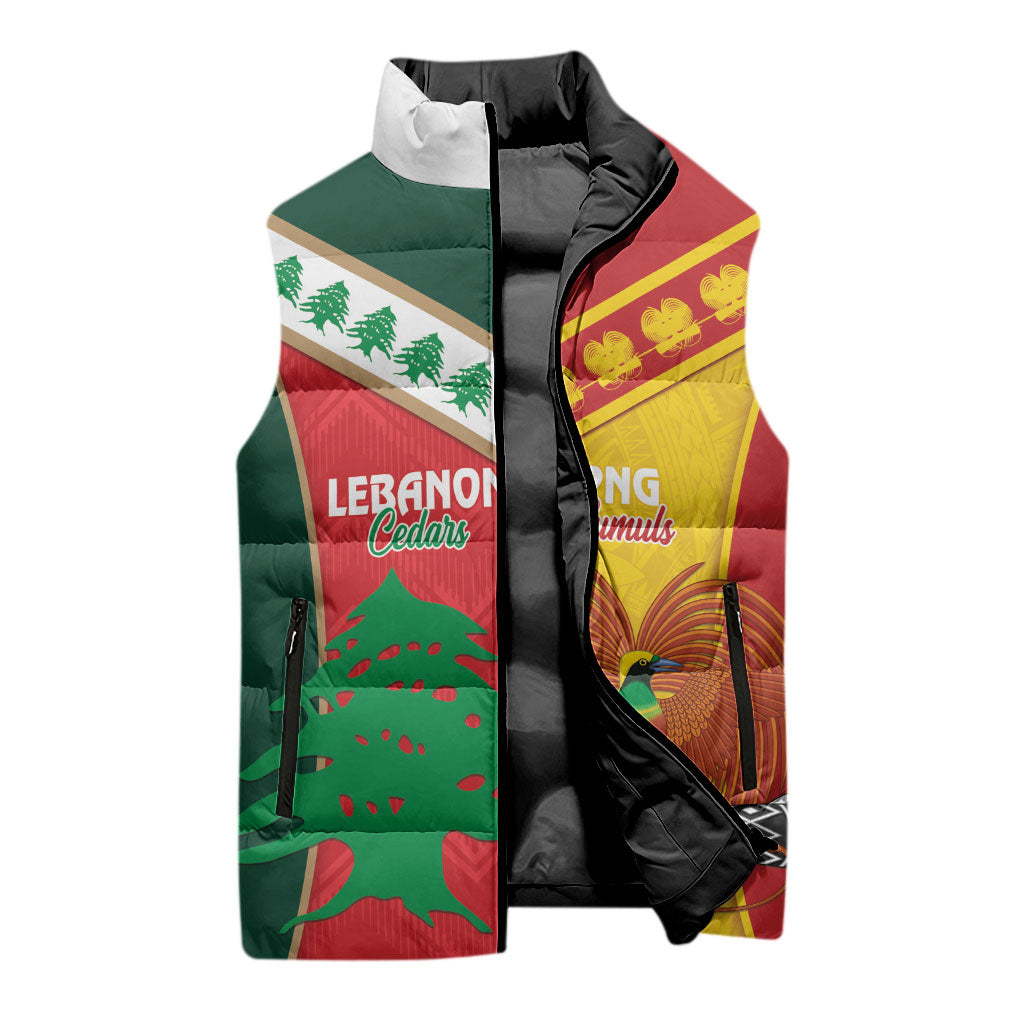 Custom Rugby Papua New Guinea and Lebanon Sleeveless Puffer Jacket PNG Kumuls Cedars Together LT14 - Polynesian Pride