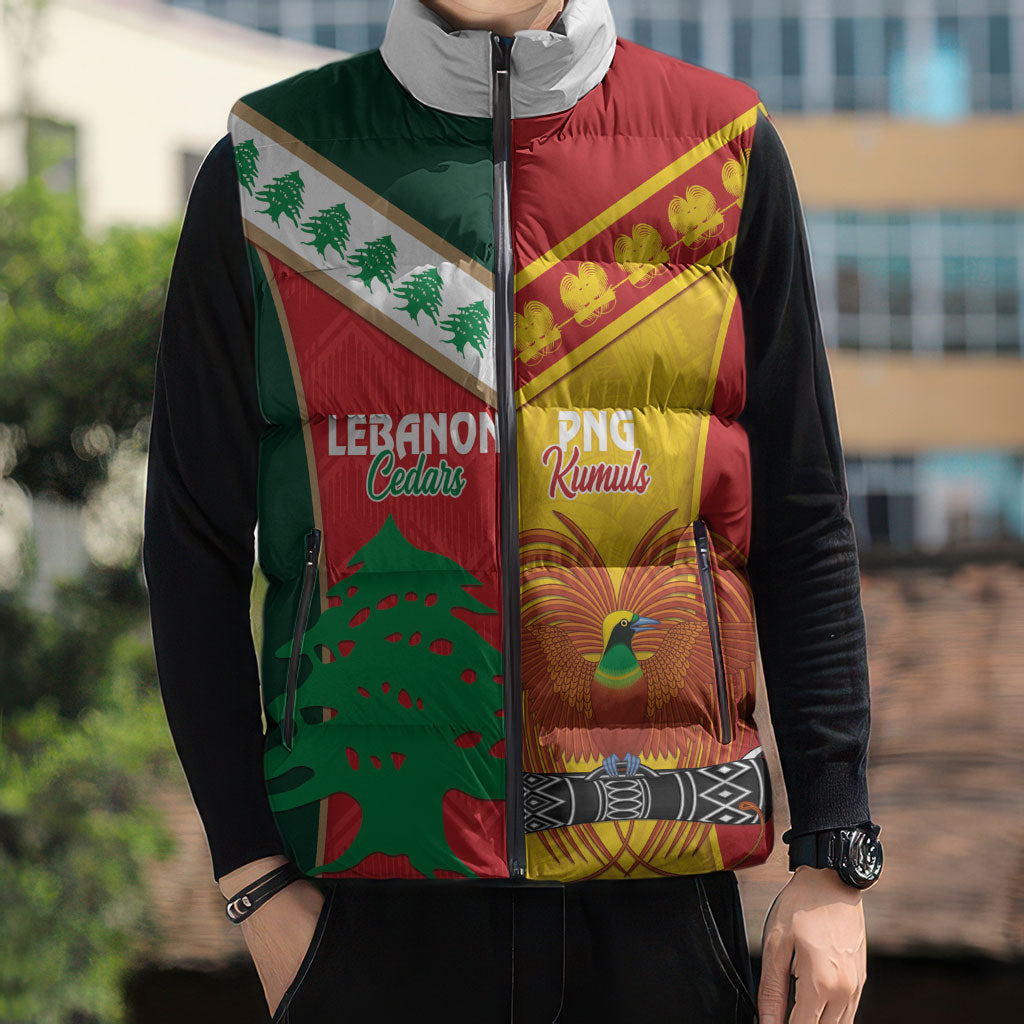 Custom Rugby Papua New Guinea and Lebanon Sleeveless Puffer Jacket PNG Kumuls Cedars Together LT14 - Polynesian Pride