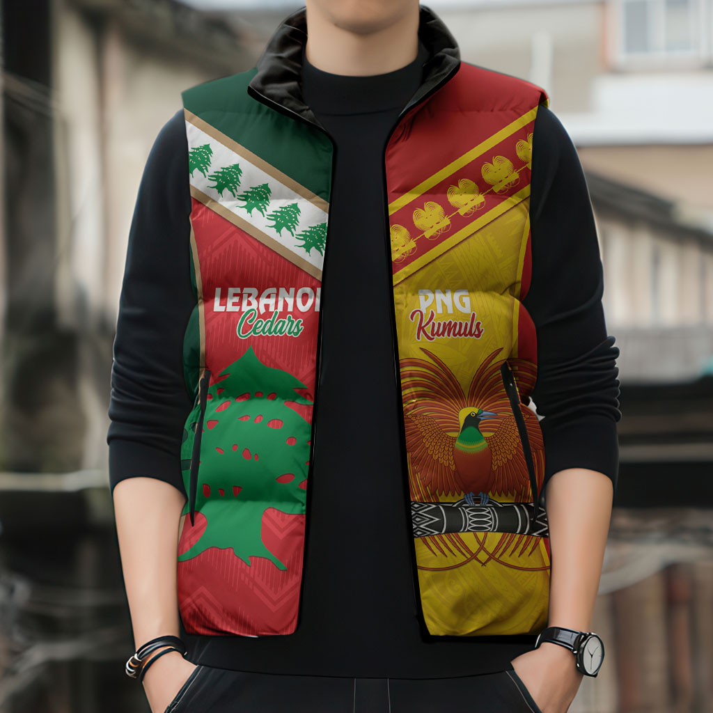 Custom Rugby Papua New Guinea and Lebanon Sleeveless Puffer Jacket PNG Kumuls Cedars Together LT14 - Polynesian Pride