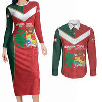 Custom Rugby Tonga and Lebanon Couples Matching Long Sleeve Bodycon Dress and Long Sleeve Button Shirt Mate Maa Tonga Cedars Together LT14 Multicolor - Polynesian Pride
