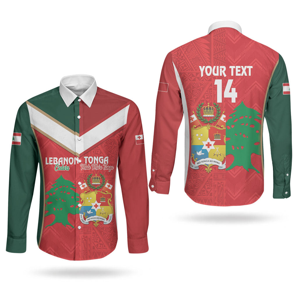 Custom Rugby Tonga and Lebanon Couples Matching Long Sleeve Bodycon Dress and Long Sleeve Button Shirt Mate Maa Tonga Cedars Together LT14 - Polynesian Pride