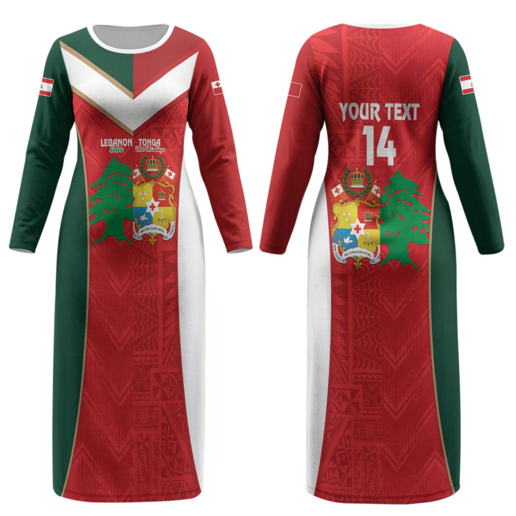 Custom Rugby Tonga and Lebanon Couples Matching Long Sleeve Bodycon Dress and Long Sleeve Button Shirt Mate Maa Tonga Cedars Together LT14 - Polynesian Pride