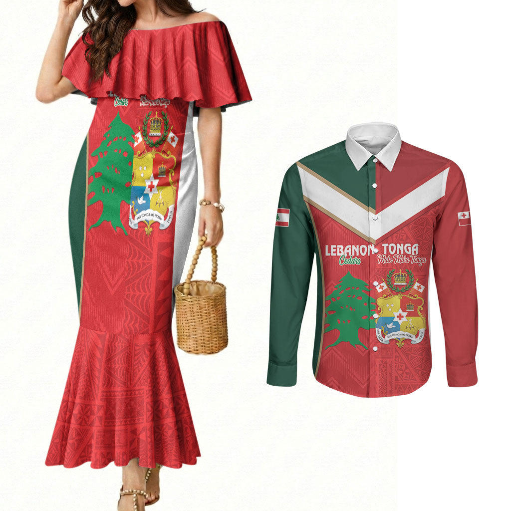 Custom Rugby Tonga and Lebanon Couples Matching Mermaid Dress and Long Sleeve Button Shirt Mate Maa Tonga Cedars Together LT14 Multicolor - Polynesian Pride