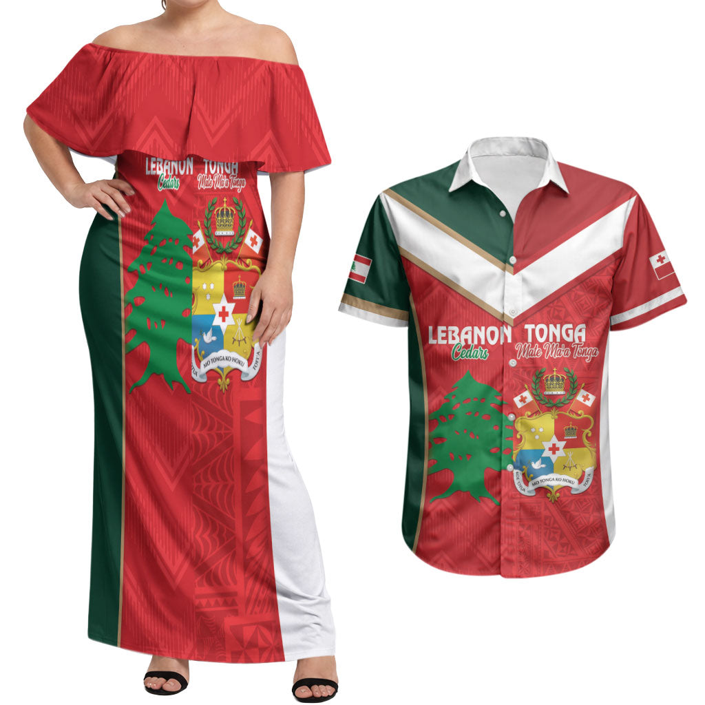 Custom Rugby Tonga and Lebanon Couples Matching Off Shoulder Maxi Dress and Hawaiian Shirt Mate Maa Tonga Cedars Together LT14 Multicolor - Polynesian Pride