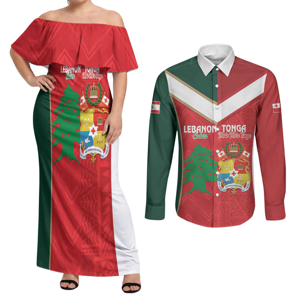 Custom Rugby Tonga and Lebanon Couples Matching Off Shoulder Maxi Dress and Long Sleeve Button Shirt Mate Maa Tonga Cedars Together LT14 Multicolor - Polynesian Pride