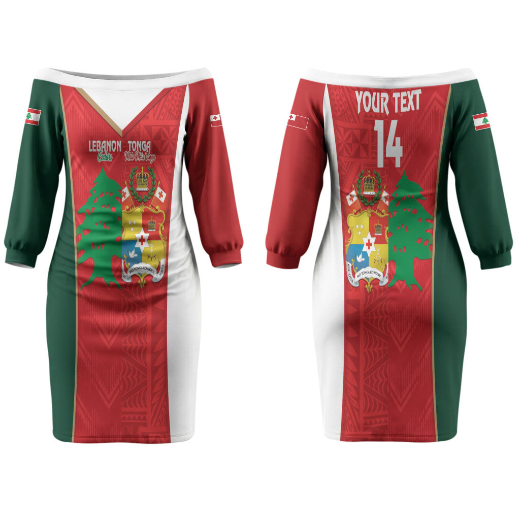Custom Rugby Tonga and Lebanon Couples Matching Off The Shoulder Long Sleeve Dress and Hawaiian Shirt Mate Maa Tonga Cedars Together LT14 - Polynesian Pride