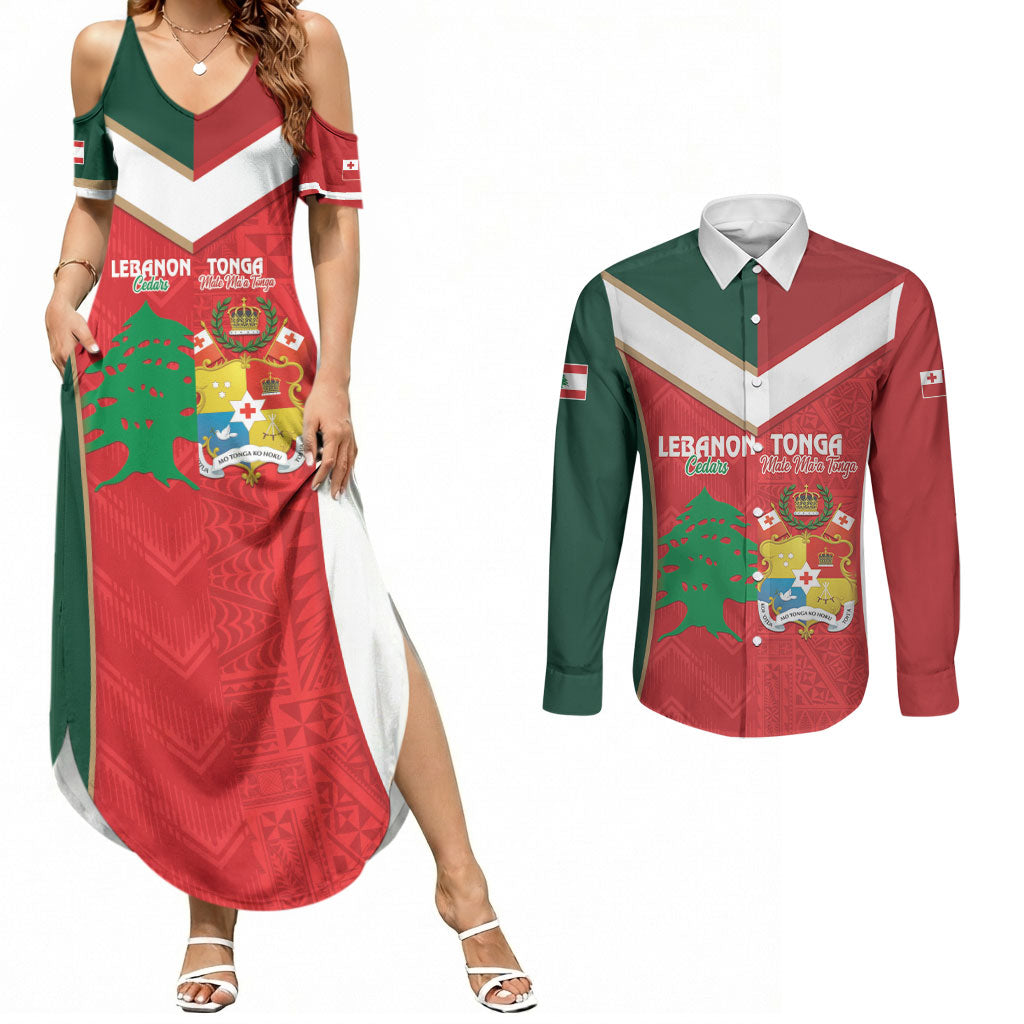 Custom Rugby Tonga and Lebanon Couples Matching Summer Maxi Dress and Long Sleeve Button Shirt Mate Maa Tonga Cedars Together LT14 Multicolor - Polynesian Pride