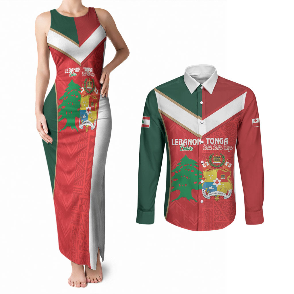 Custom Rugby Tonga and Lebanon Couples Matching Tank Maxi Dress and Long Sleeve Button Shirt Mate Maa Tonga Cedars Together LT14 Multicolor - Polynesian Pride