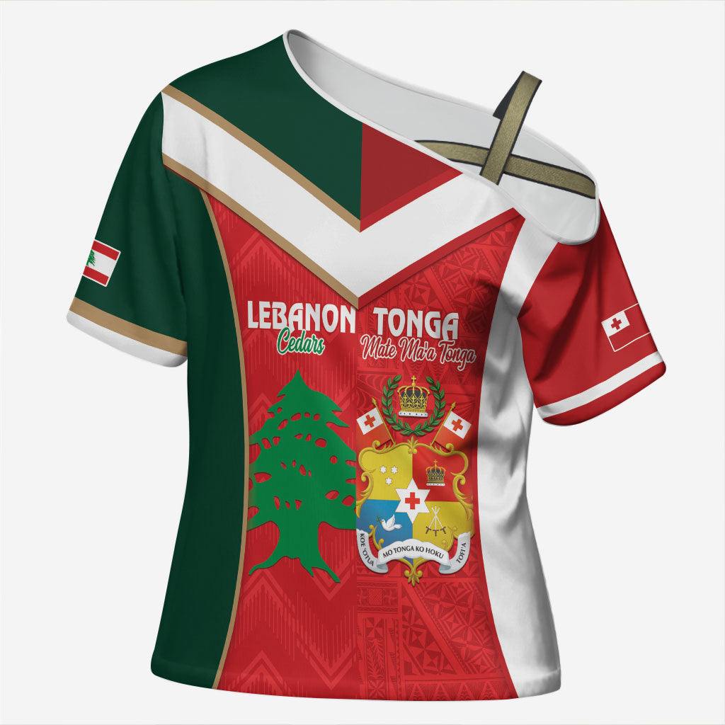 Custom Rugby Tonga and Lebanon Cross Shoulder Shirt Mate Maa Tonga Cedars Together LT14 Female Multicolor - Polynesian Pride