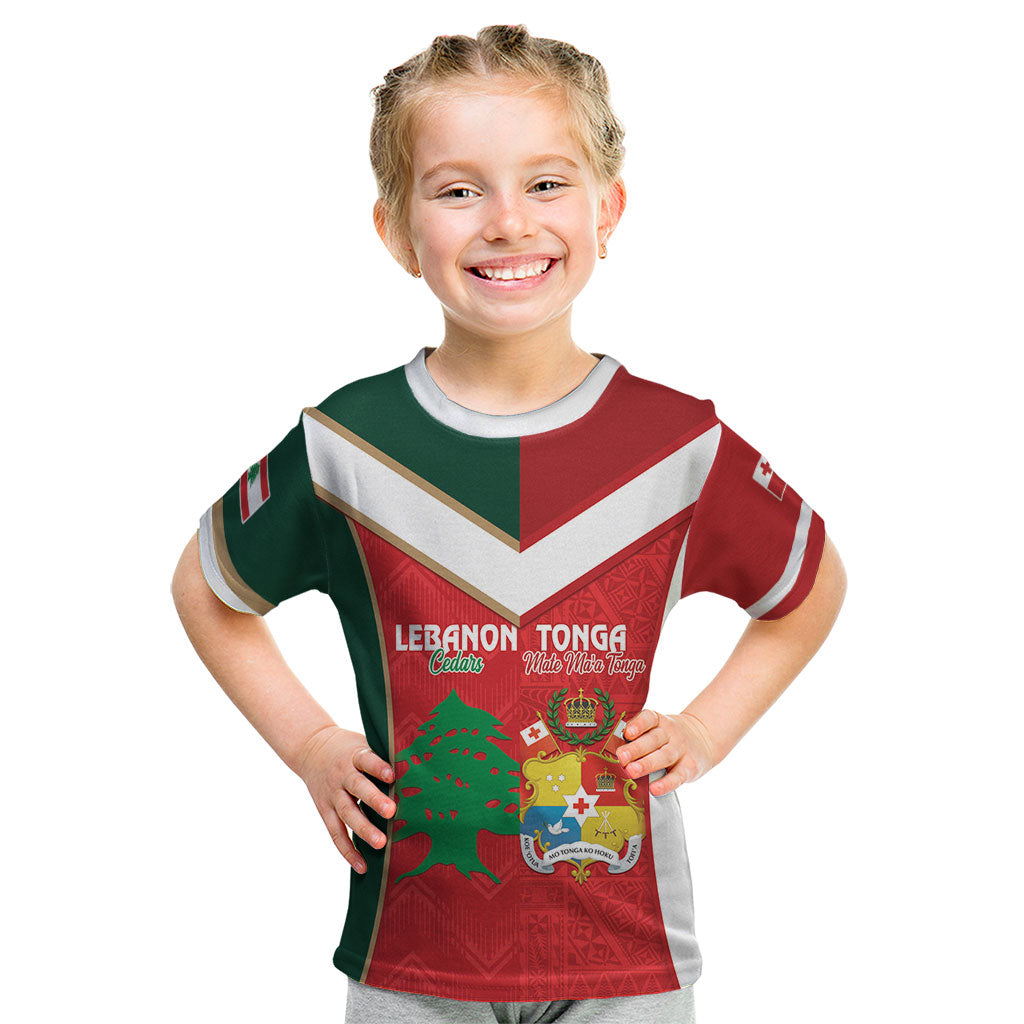 Custom Rugby Tonga and Lebanon Kid T Shirt Mate Maa Tonga Cedars Together LT14 Multicolor - Polynesian Pride