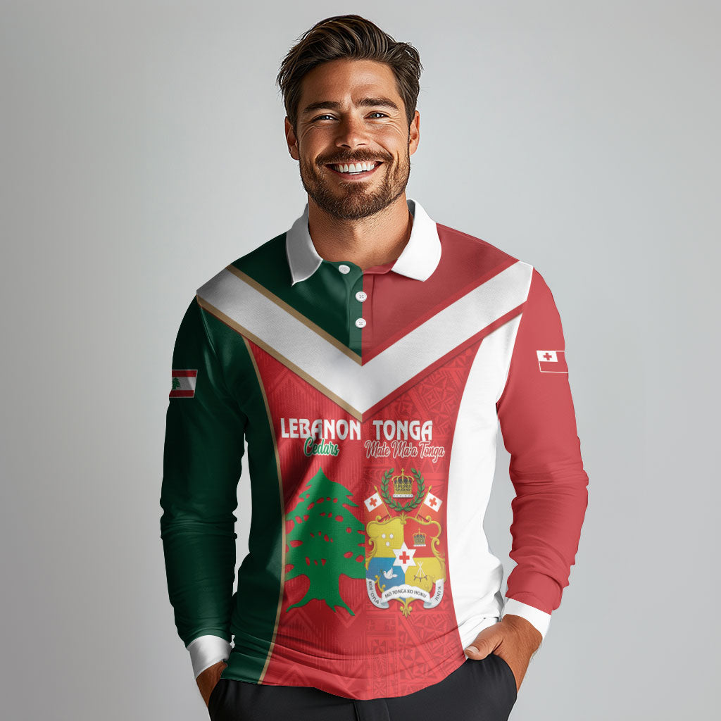 Custom Rugby Tonga and Lebanon Long Sleeve Polo Shirt Mate Maa Tonga Cedars Together