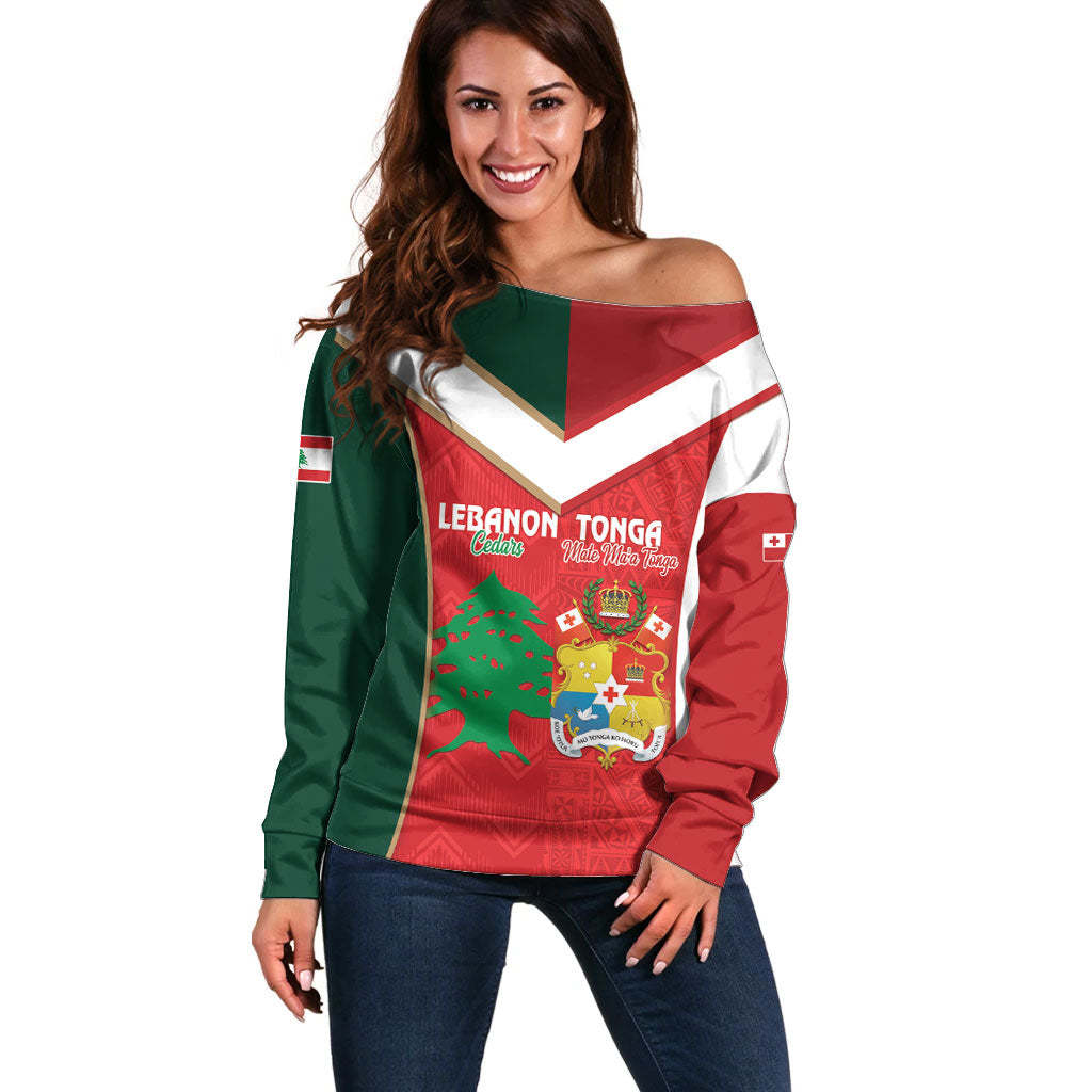 Custom Rugby Tonga and Lebanon Off Shoulder Sweater Mate Maa Tonga Cedars Together LT14 Women Multicolor - Polynesian Pride