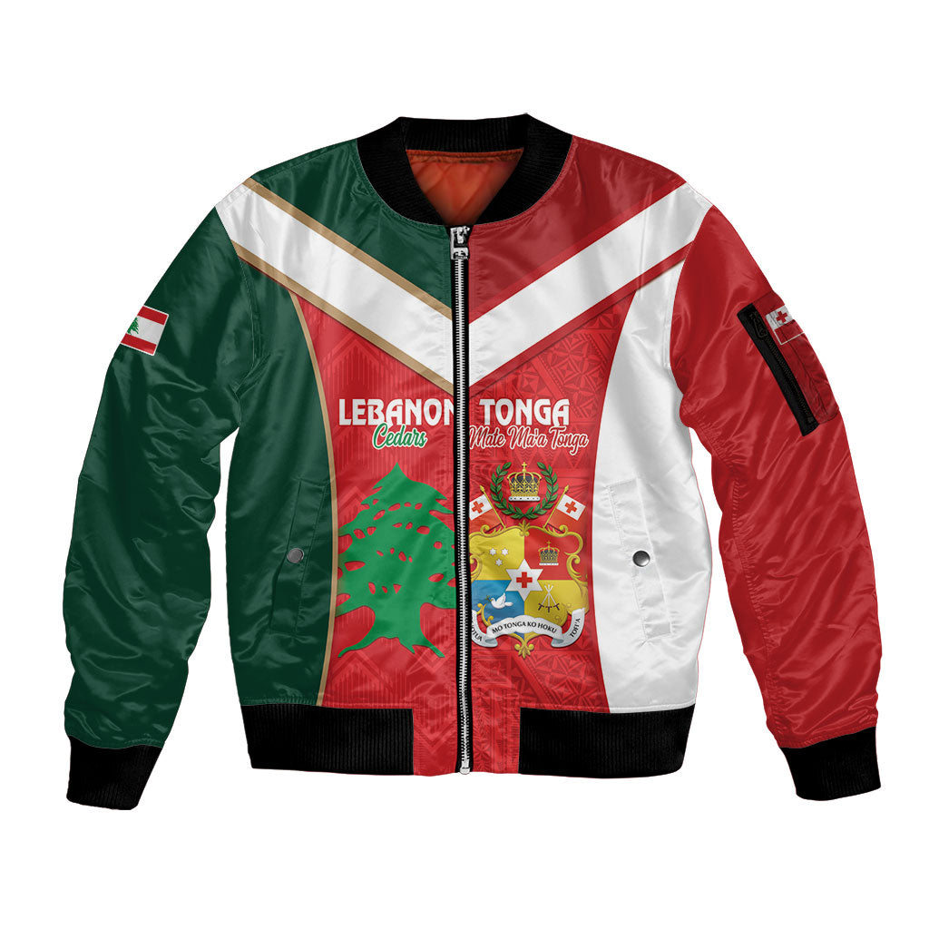 Custom Rugby Tonga and Lebanon Sleeve Zip Bomber Jacket Mate Maa Tonga Cedars Together LT14 Unisex Multicolor - Polynesian Pride