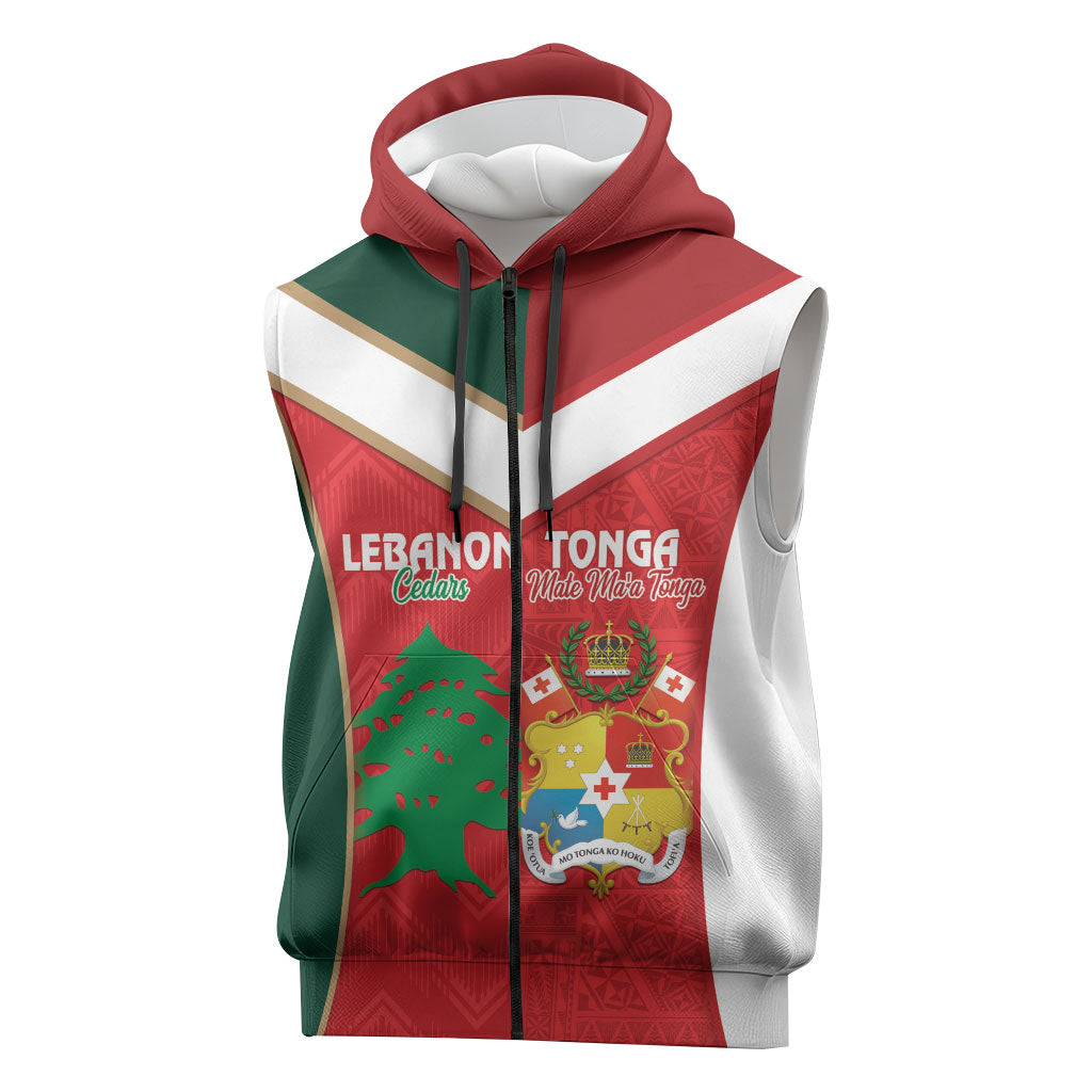 Custom Rugby Tonga and Lebanon Sleeveless Zip Hoodie Mate Maa Tonga Cedars Together LT14 Multicolor - Polynesian Pride