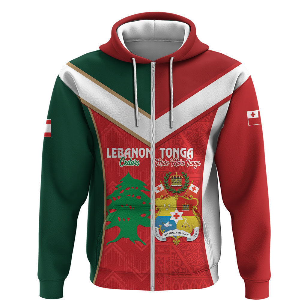 Custom Rugby Tonga and Lebanon Zip Hoodie Mate Maa Tonga Cedars Together LT14 Zip Hoodie Multicolor - Polynesian Pride